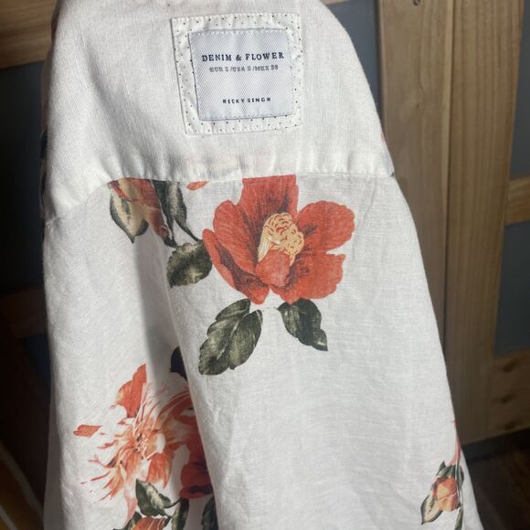 Denim & Flower Mens Small Floral Print Button Up Short Sleeve Shirt Linen Blend - Picture 9 of 11